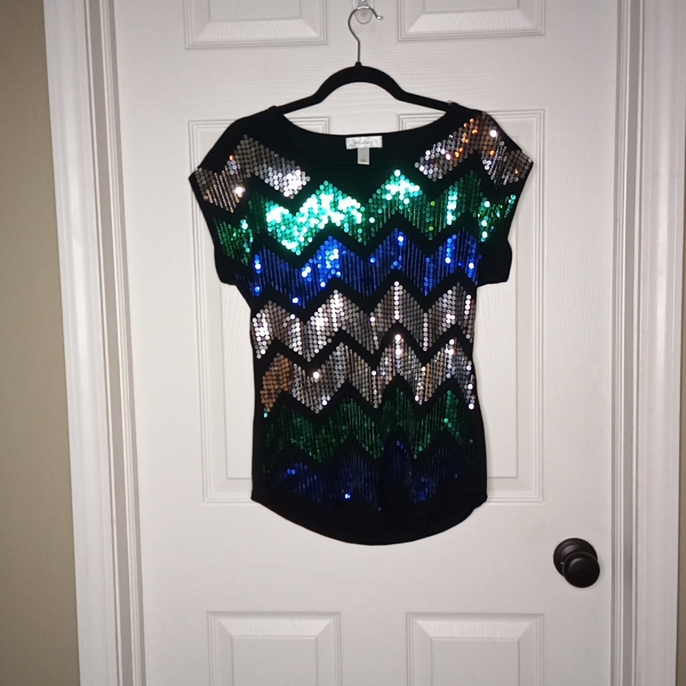 Dressbarn Dress Barn Sequin Short Sleeve Night on the Town Evening Top S…